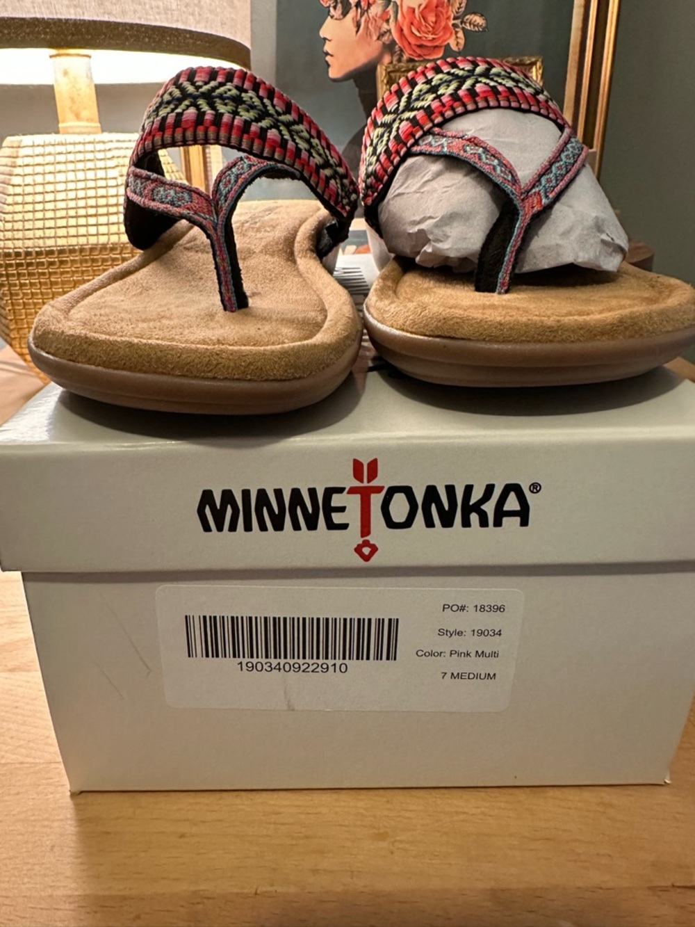 Minnetonka Pink Multi Braided Thong Sandals with Brown Footbed